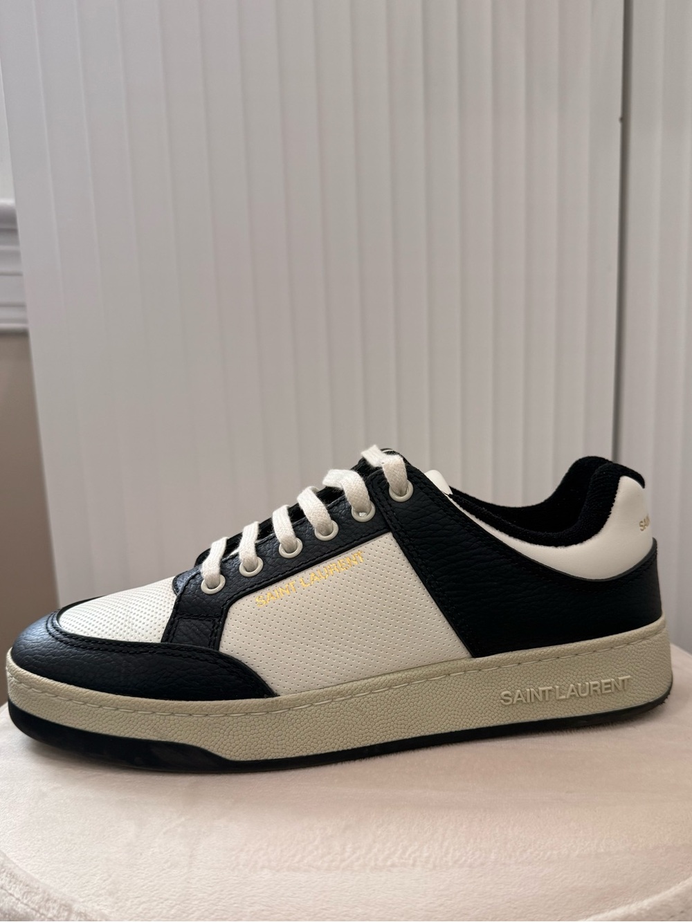 Saint Laurent Black and White Low-Top Leather Sneakers with Gold Logo
